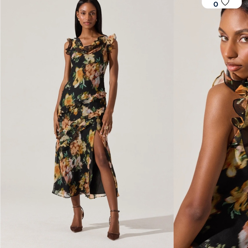 Alinta Floral Ruffle Cowl Neck Midi Dress